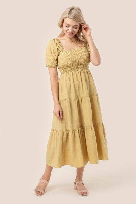 LILOU Tiered Long Dress with Puff Sleeves, 2 Colors - SwagglyLife Home & Fashion