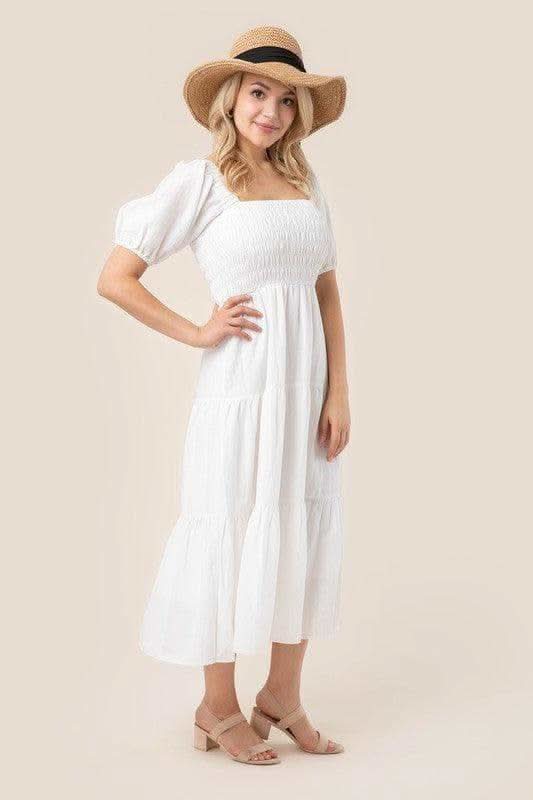 LILOU Tiered Long Dress with Puff Sleeves, 2 Colors - SwagglyLife Home & Fashion
