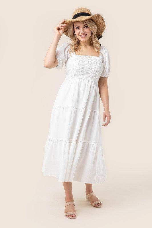 LILOU Tiered Long Dress with Puff Sleeves, 2 Colors - SwagglyLife Home & Fashion