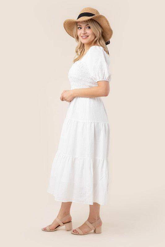LILOU Tiered Long Dress with Puff Sleeves, 2 Colors - SwagglyLife Home & Fashion