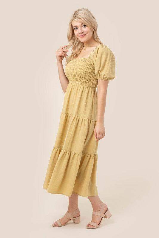 LILOU Tiered Long Dress with Puff Sleeves, 2 Colors - SwagglyLife Home & Fashion