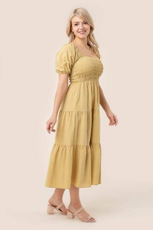 LILOU Tiered Long Dress with Puff Sleeves, 2 Colors - SwagglyLife Home & Fashion