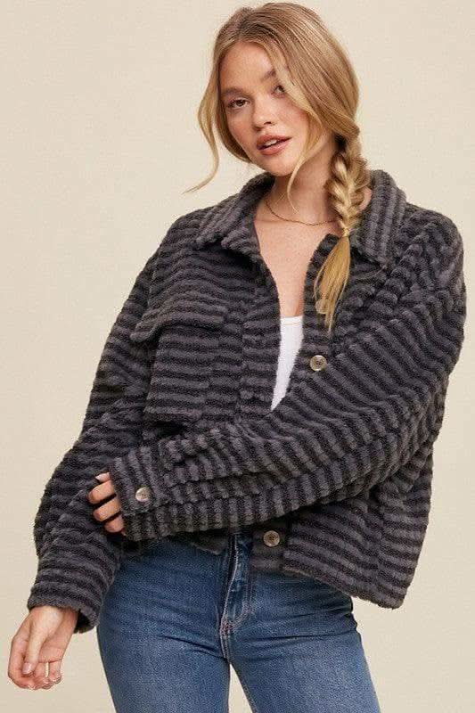 LISTICLE Plaid Fleece Shacket, 2 Colors in Charcoal - Shirts & Tops photo