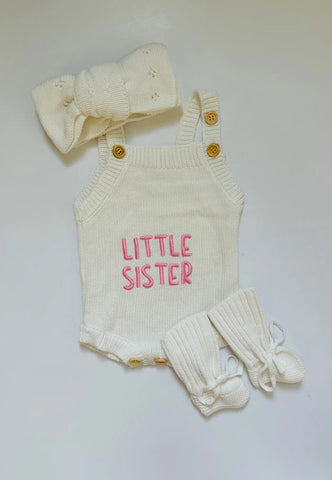 Newborn Knit Romper Set – Hello World, LITTLE SISTER and LITTLE BROTHER Embroidered Baby Outfit with Hat & Booties or Headband | Soft Coming Home Outfit in - Kids clothes photo