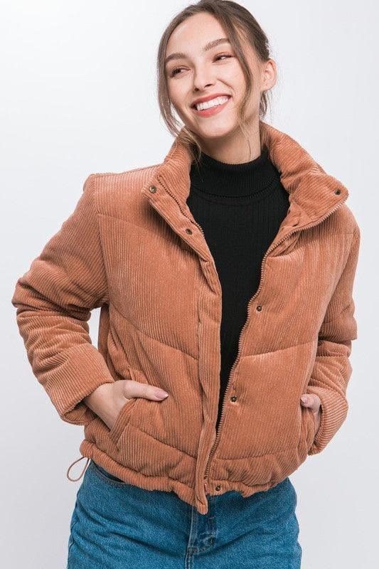 LOVE TREE Corduroy Puffer Jacket with Toggle Detail - SwagglyLife Home & Fashion