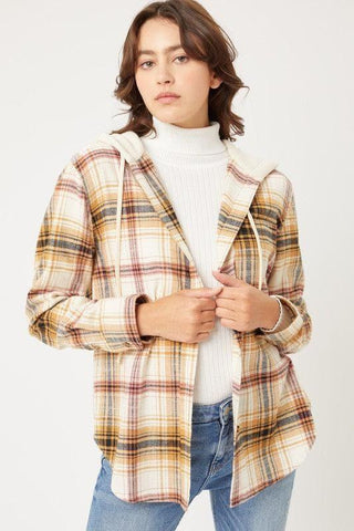 LOVE TREE Plaid Flannel Button Up Shacket with Hood - SwagglyLife Home & Fashion