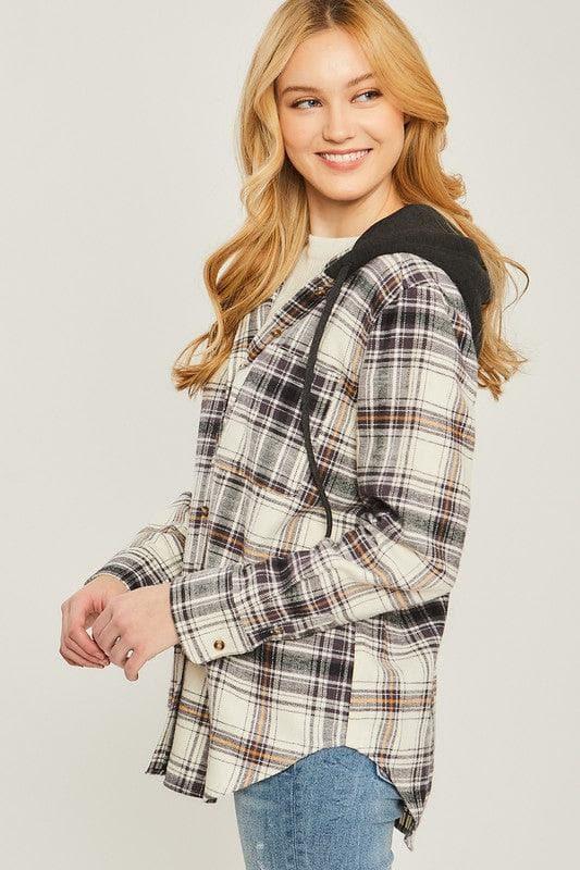 LOVE TREE Plaid Flannel Button Up Shacket with Hood - SwagglyLife Home & Fashion