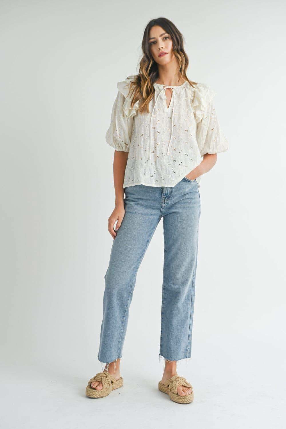MABLE Eyelet Lace Ruffle Shoulder Puff Sleeve Blouse - SwagglyLife Home & Fashion