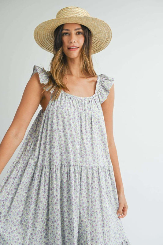 MABLE Floral Ruffle Shoulder Tiered Midi Dress in - Dresses photo