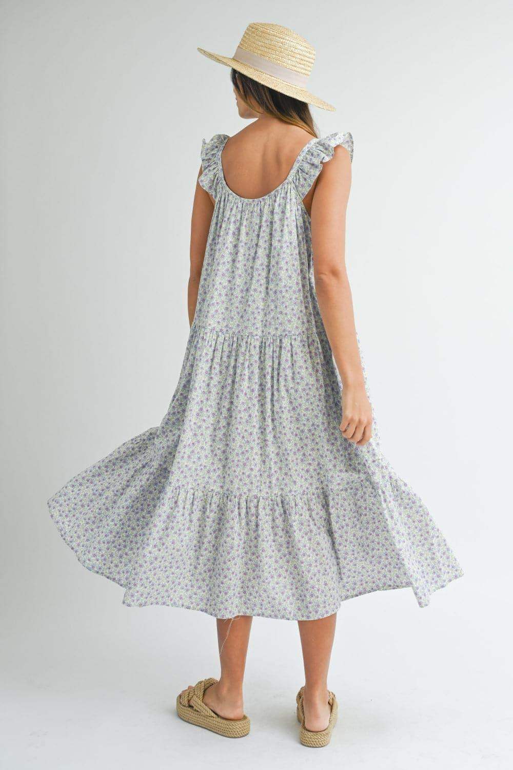 MABLE Floral Ruffle Shoulder Tiered Midi Dress - SwagglyLife Home & Fashion