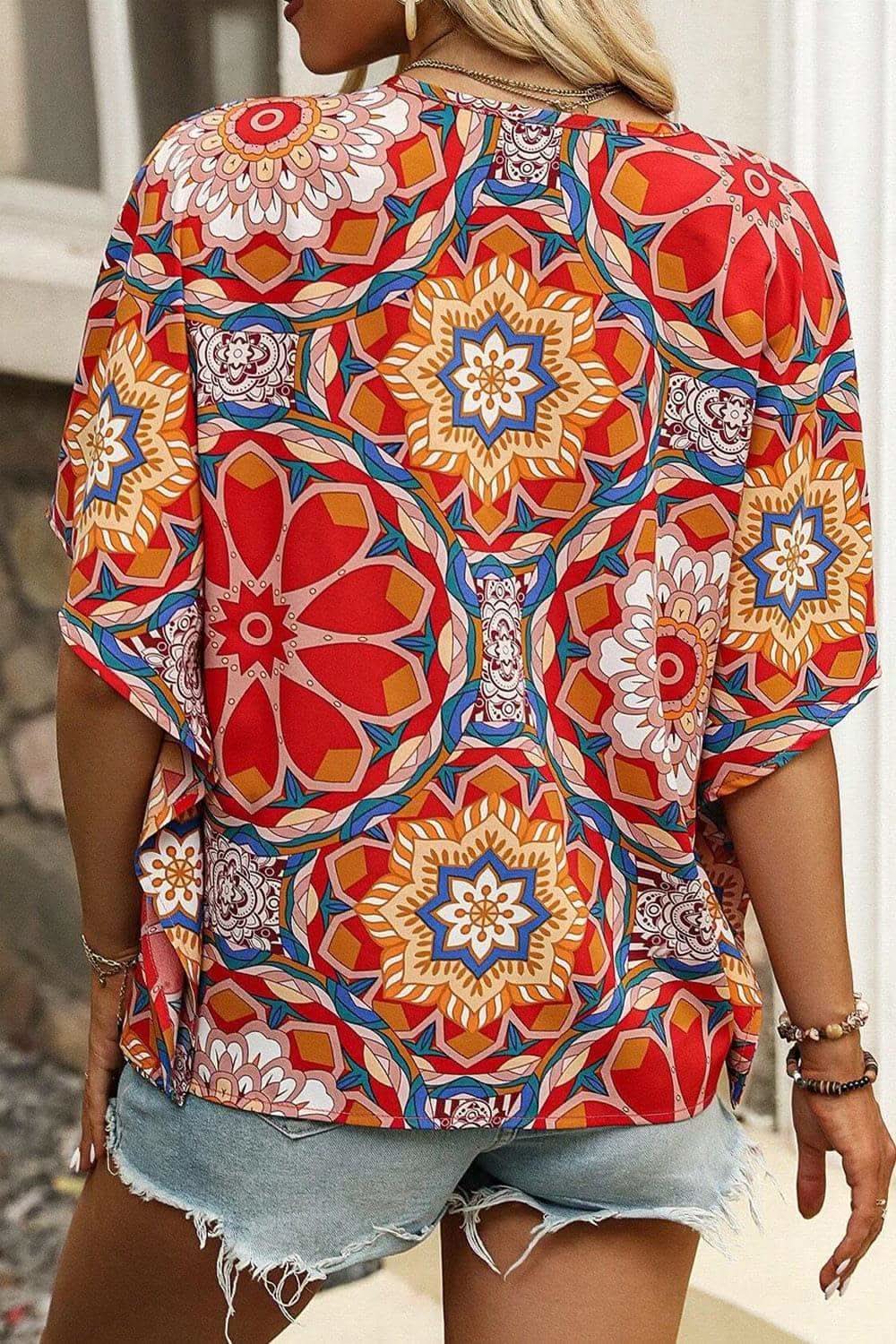 Mandy Printed V-Neck Half Sleeve Blouse - SwagglyLife Home & Fashion