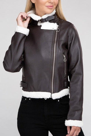 Plush Teddy Trimmed PU Jacket - SwagglyLife Home & Fashion