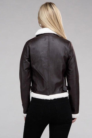 Plush Teddy Trimmed PU Jacket - SwagglyLife Home & Fashion
