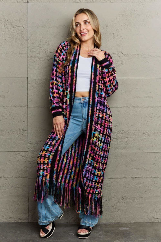Multicolored Open Front Fringe Hem Cardigan in Multi - Shirts & Tops photo