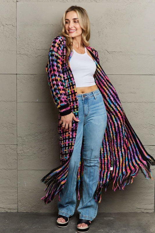 Multicolored Open Front Fringe Hem Cardigan in - Shirts & Tops photo