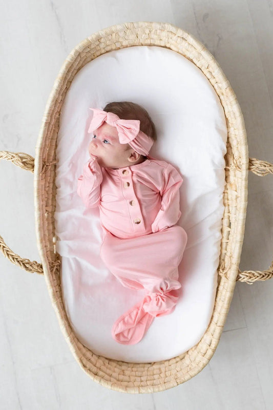 Newborn Knotted Baby Gown and Hat Set with Headband - Pink in - Newborn Knotted Baby Gown Sets photo