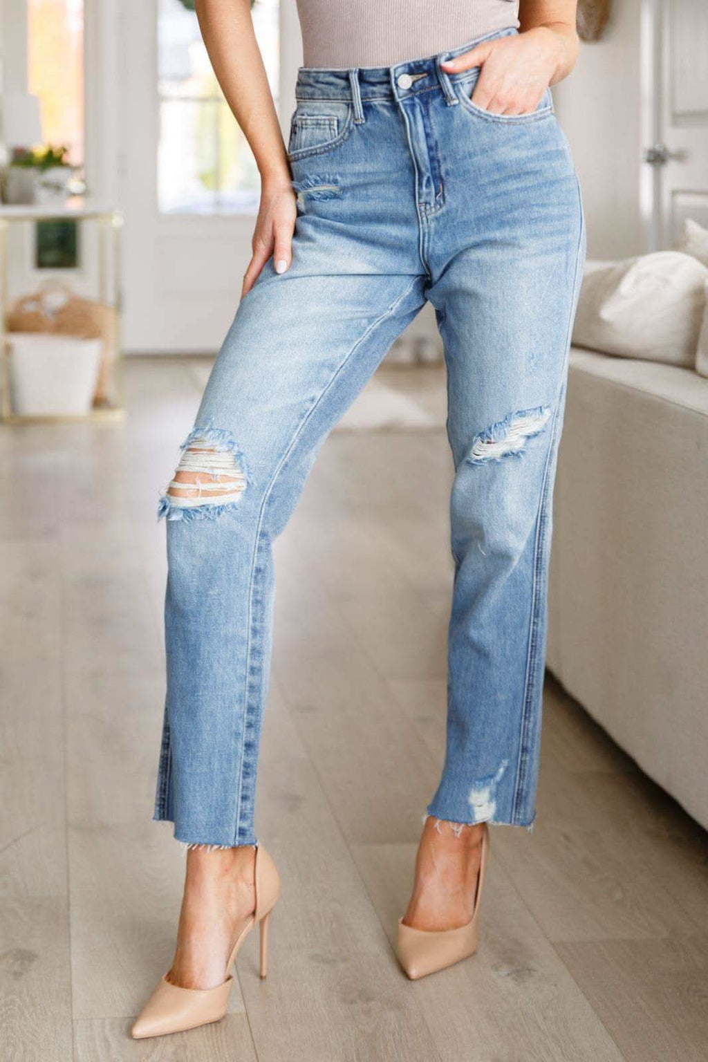 Nora High Rise Rigid Magic Destroy Slim Straight Jeans - SwagglyLife Home & Fashion