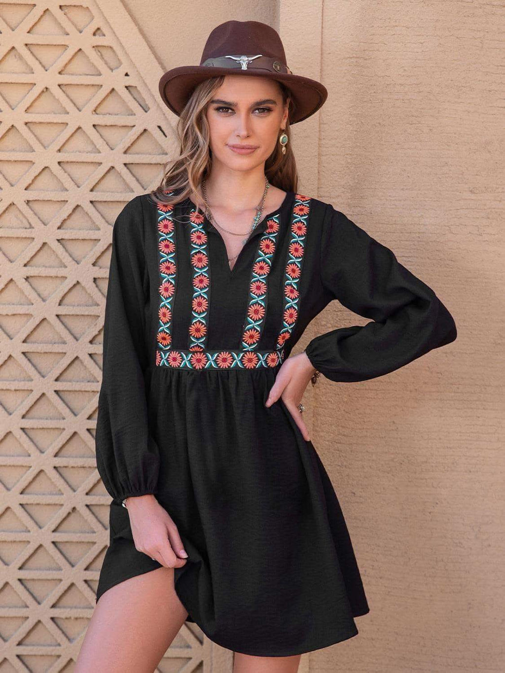 Notched Neck Long Sleeve Printed Mini Dress - SwagglyLife Home & Fashion