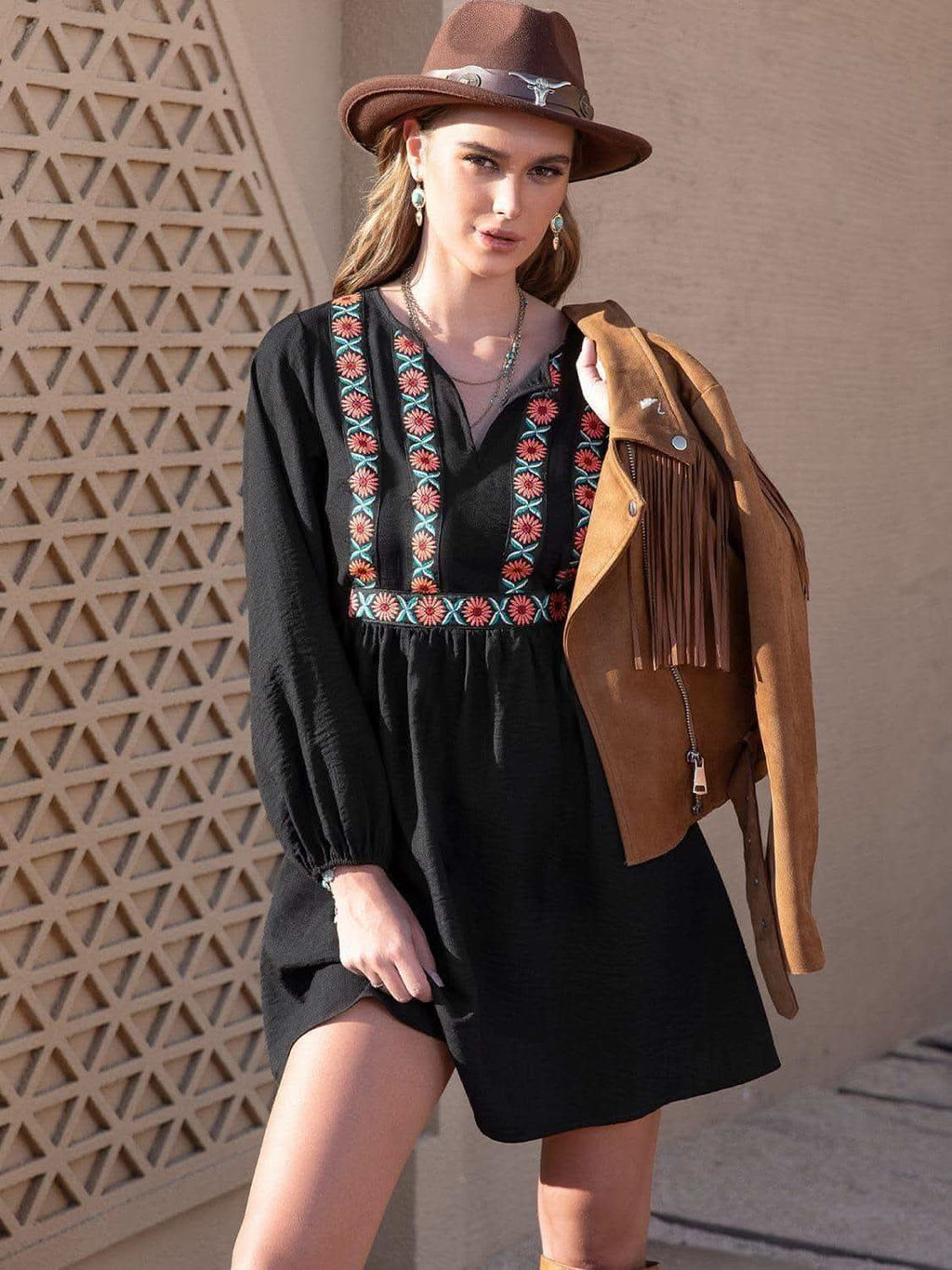 Notched Neck Long Sleeve Printed Mini Dress - SwagglyLife Home & Fashion