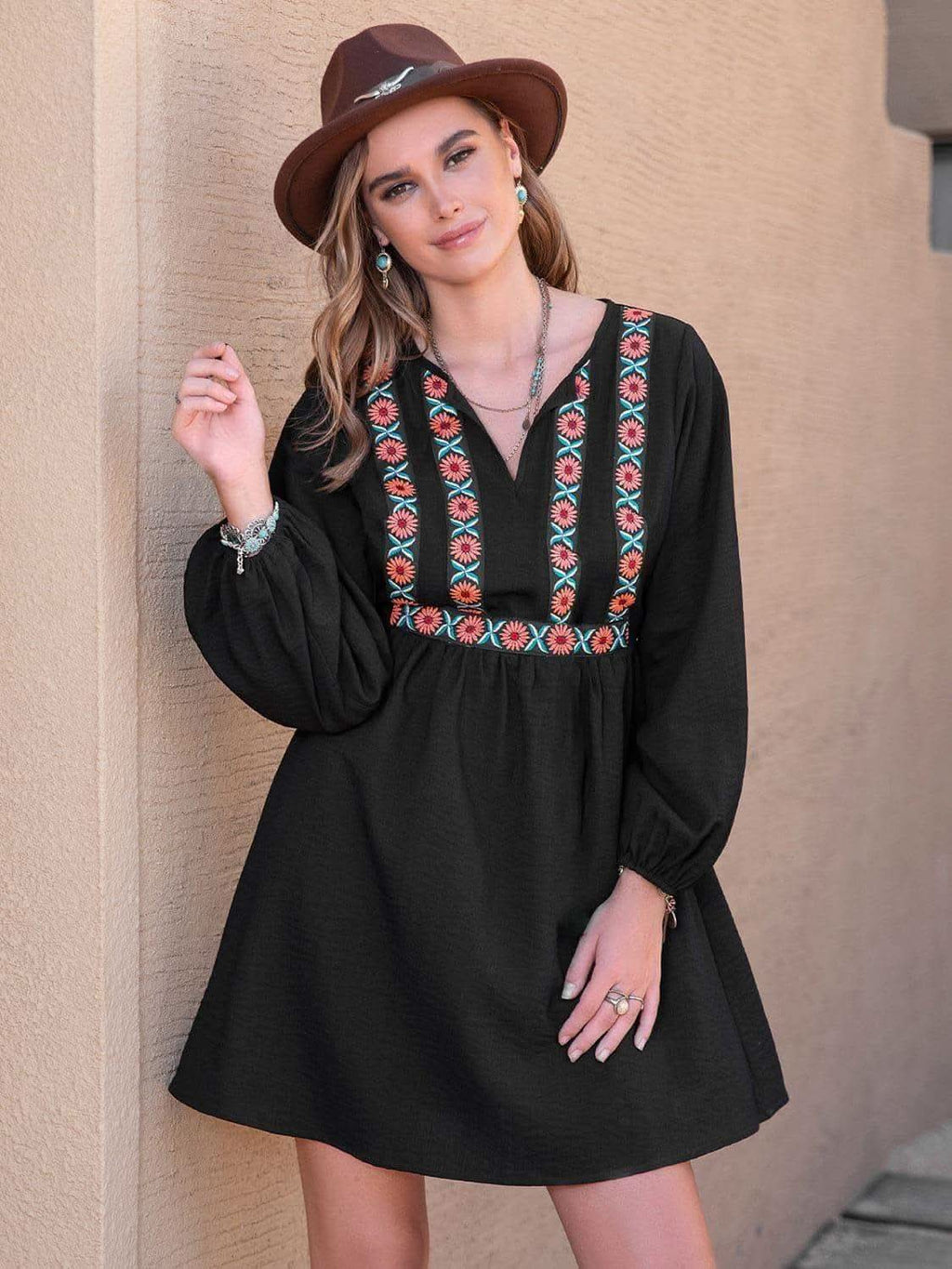 Notched Neck Long Sleeve Printed Mini Dress - SwagglyLife Home & Fashion