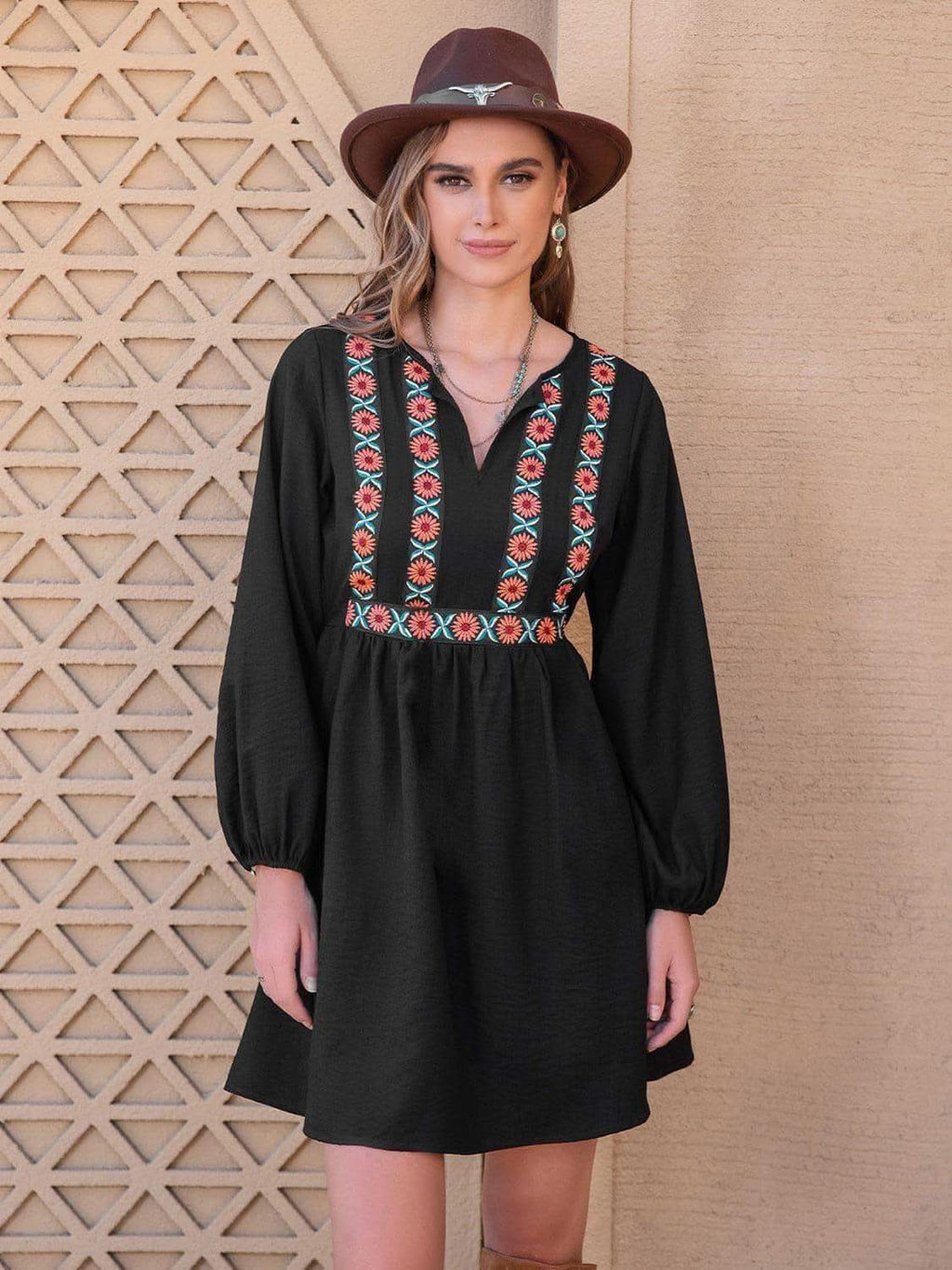 Notched Neck Long Sleeve Printed Mini Dress - SwagglyLife Home & Fashion