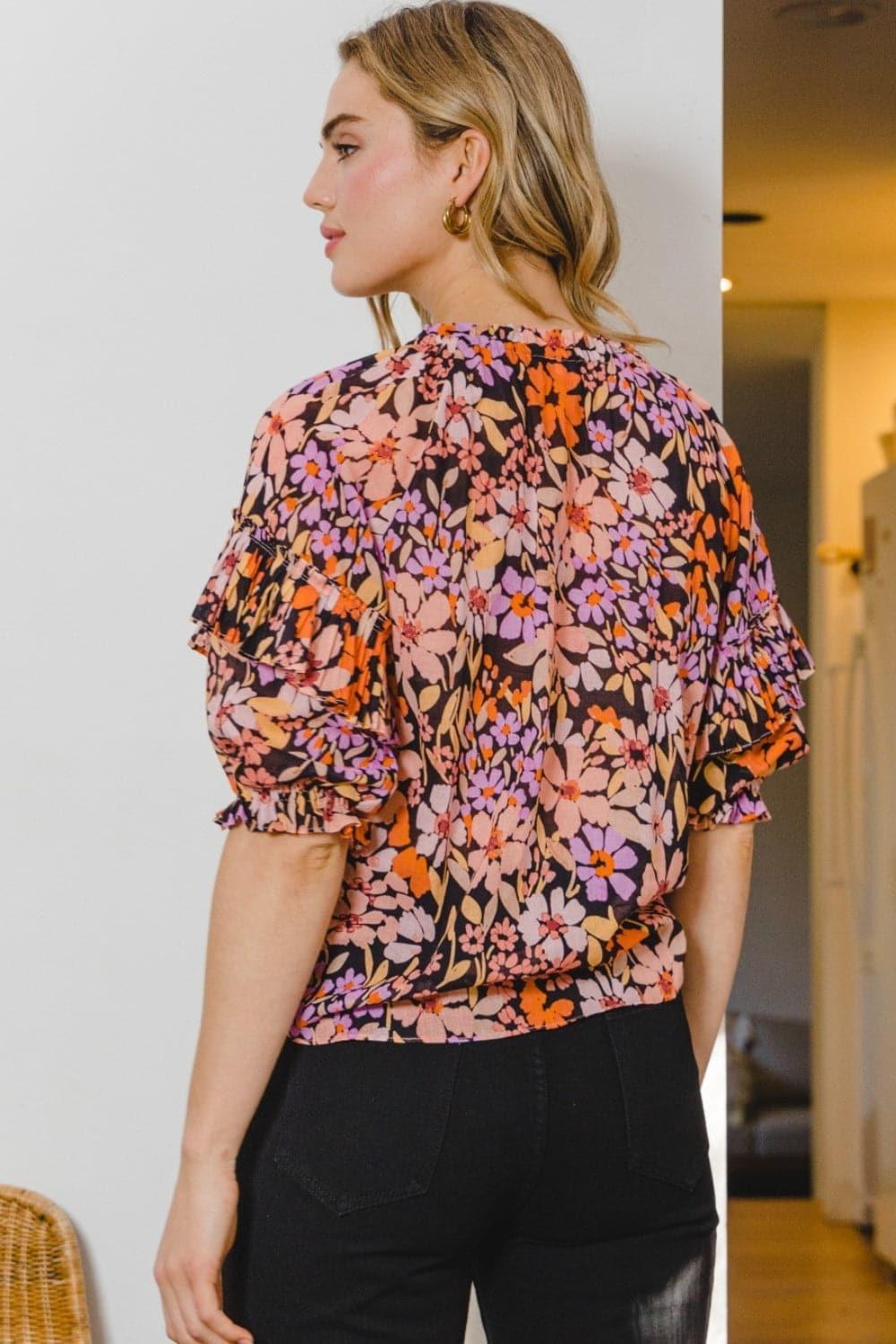 ODDI Full Size Floral Tie Neck Ruffled Blouse - SwagglyLife Home & Fashion