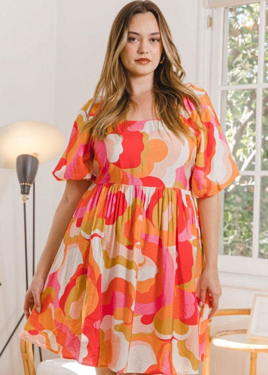 ODDI Full Size Printed Tied Back Short Sleeve Mini Dress in - Dresses photo