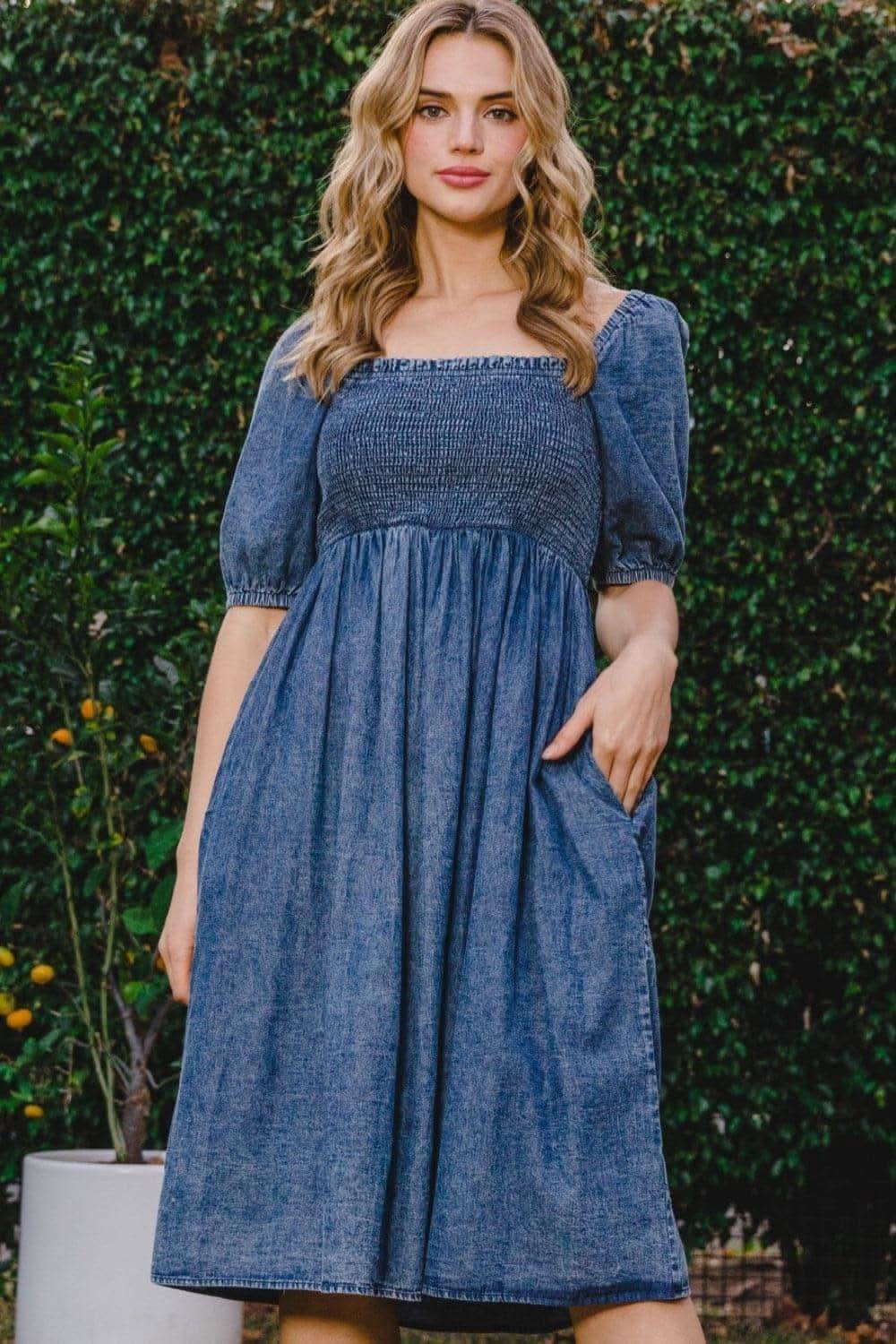 ODDI Full Size Washed Smocked Puff Sleeve Dress - SwagglyLife Home & Fashion