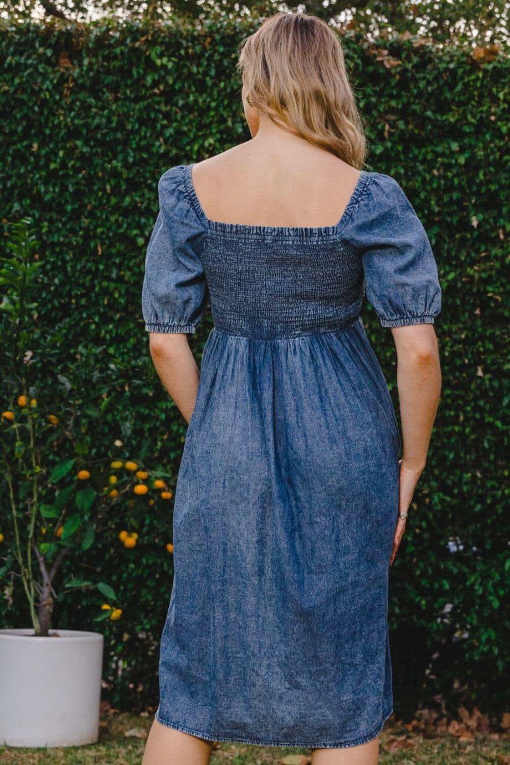ODDI Full Size Washed Smocked Puff Sleeve Dress - SwagglyLife Home & Fashion