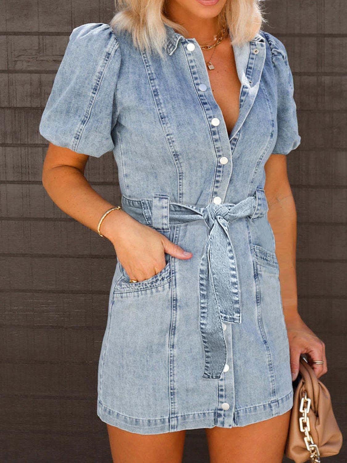 Olivia Puff Sleeve Button Up Mini Denim Dress - SwagglyLife Home & Fashion