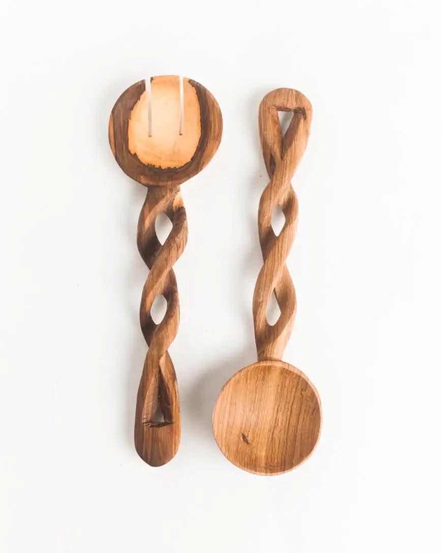 Olive Wood Spiral Salad Servers - SwagglyLife Home & Fashion