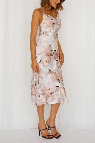 Floral Print Satin Midi Dress - SwagglyLife Home & Fashion