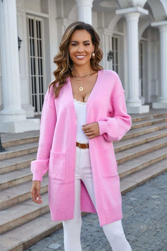 Open Front Dropped Shoulder Cardigan with Pocket, 3 Colors in Carnation Pink - Shirts & Tops photo