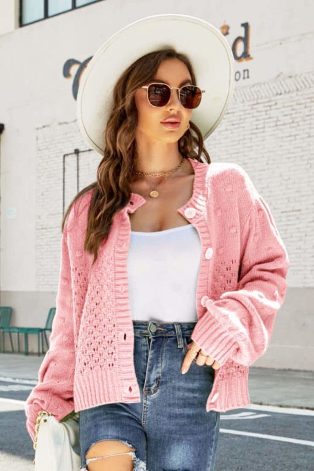 Openwork Pompom Puff Sleeve Cardigan - SwagglyLife Home & Fashion