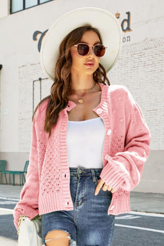 Openwork Pompom Puff Sleeve Cardigan - SwagglyLife Home & Fashion