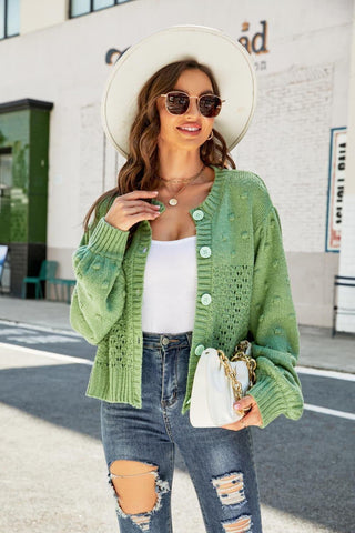 Openwork Pompom Puff Sleeve Cardigan - SwagglyLife Home & Fashion