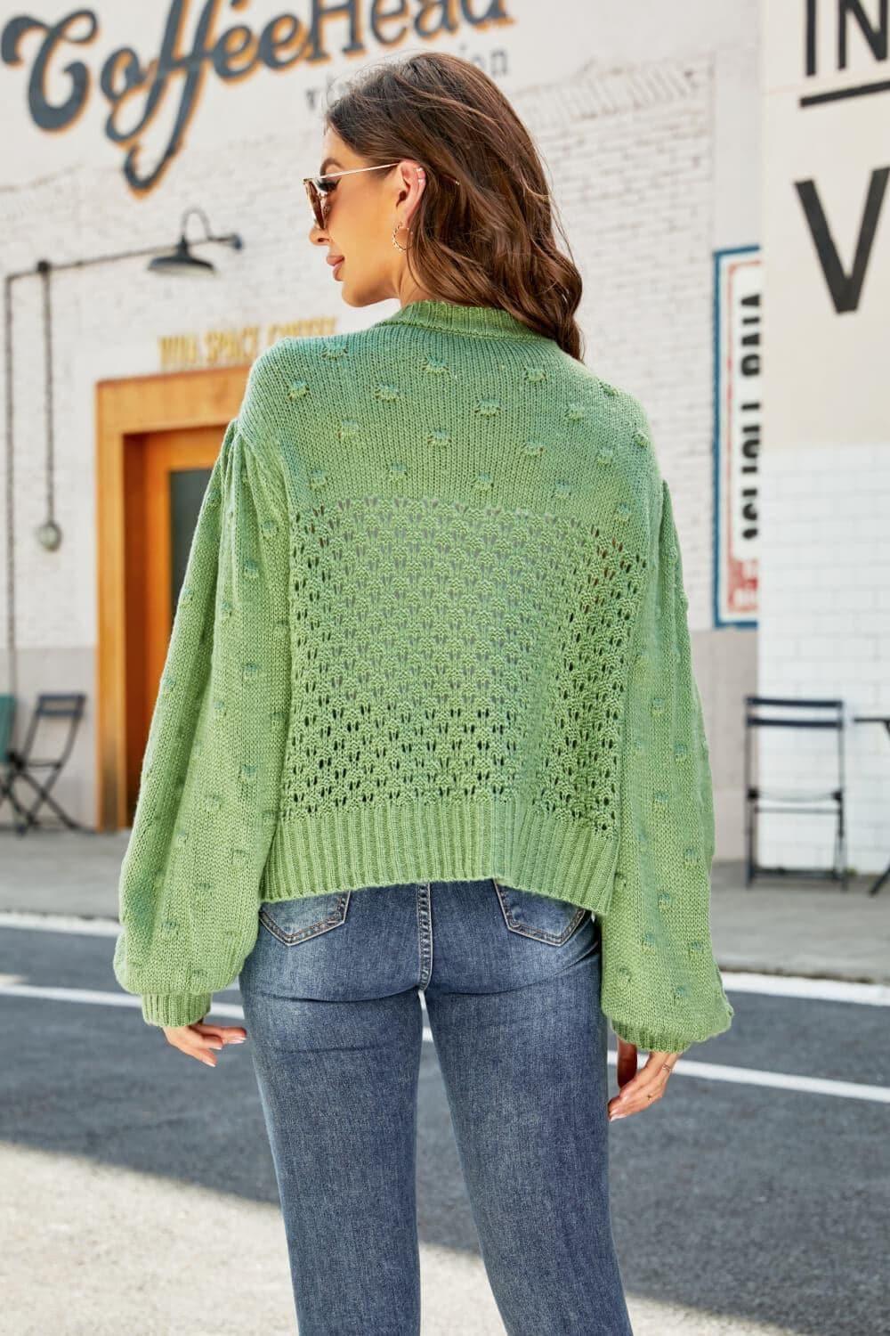 Openwork Pompom Puff Sleeve Cardigan - SwagglyLife Home & Fashion