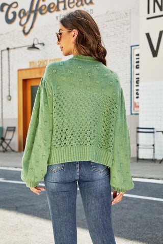 Openwork Pompom Puff Sleeve Cardigan - SwagglyLife Home & Fashion