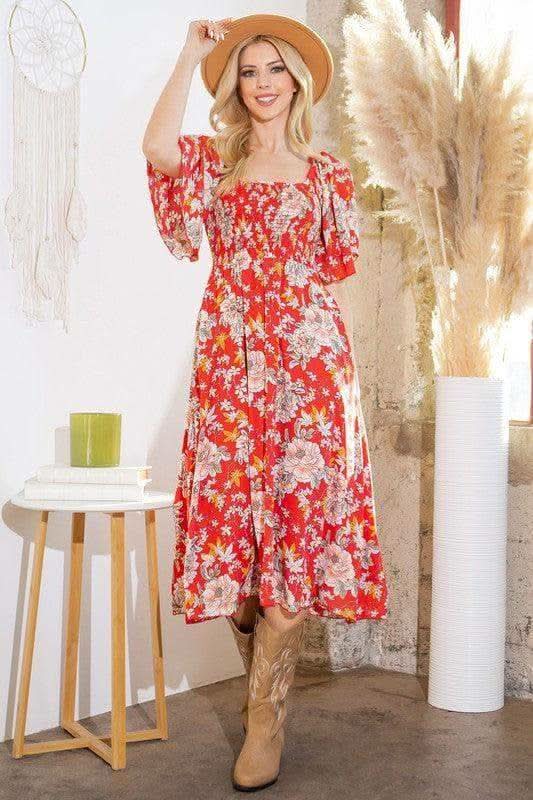 Orange Farm Clothing Smocked Dress with Pockets in Red Combo - Dresses photo