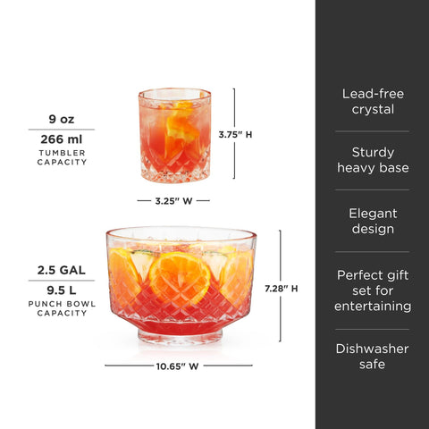 Viski Admiral Crystal Punch Bowl and Tumbler Set