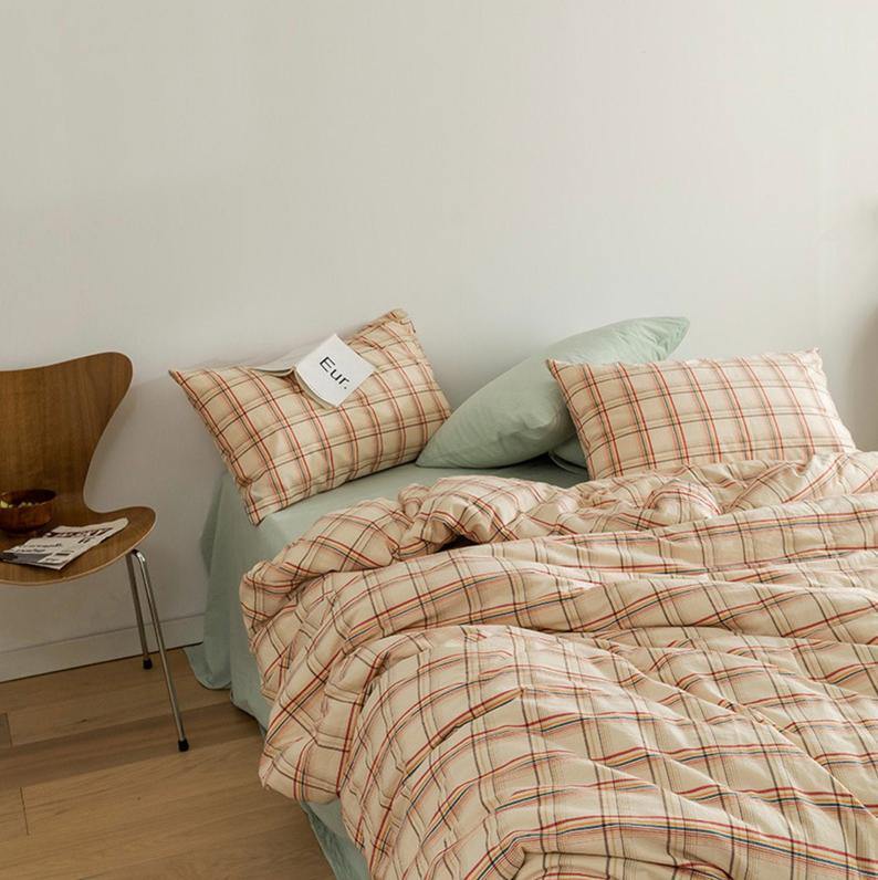 Plaid Bedding Set / Yellow + Mint Green in Yellow Mint Green Flat - Bedding Set photo