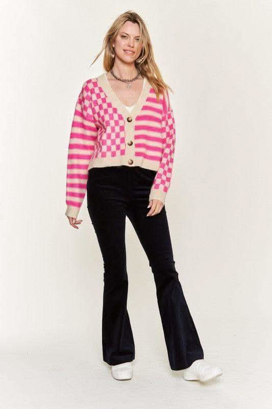 PLUS Contrast Pattern Sweater Cardigan - SwagglyLife Home & Fashion