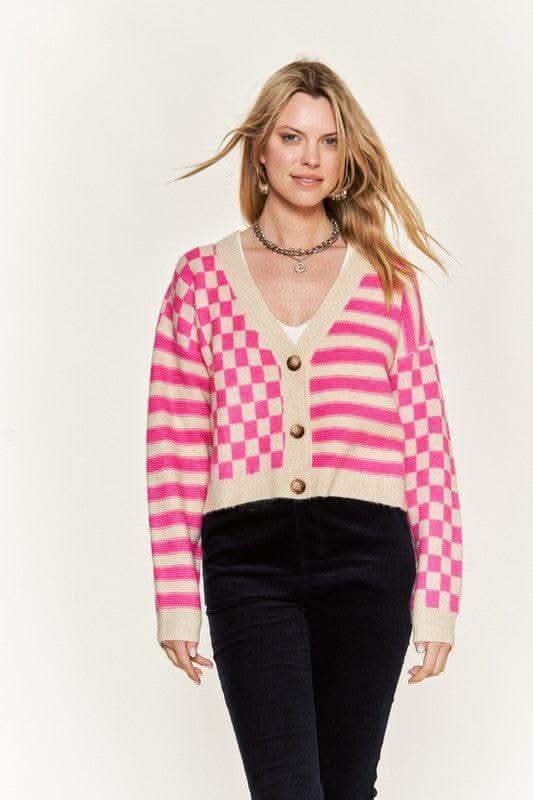PLUS Contrast Pattern Sweater Cardigan - SwagglyLife Home & Fashion