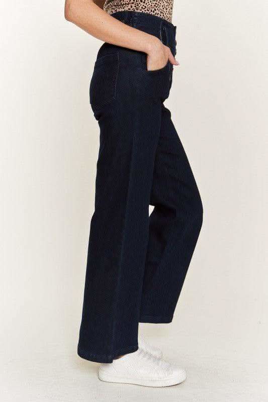 PLUS High Waisted Button Wide Leg Jeans - SwagglyLife Home & Fashion