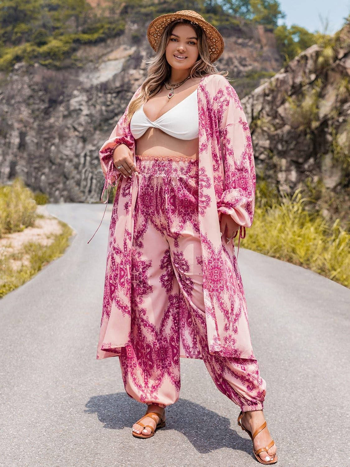 Plus Size Open Front Cardigan and Pants Set - SwagglyLife Home & Fashion