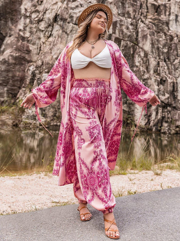 Plus Size Open Front Cardigan and Pants Set - SwagglyLife Home & Fashion