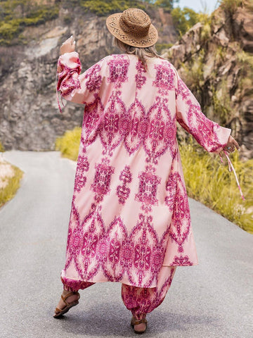 Plus Size Open Front Cardigan and Pants Set - SwagglyLife Home & Fashion