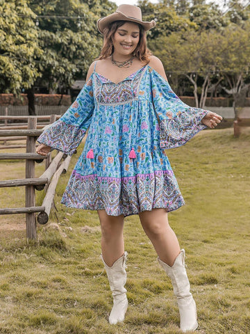Plus Size Printed Long Sleeve Mini Dress - SwagglyLife Home & Fashion
