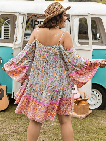 Plus Size Printed Long Sleeve Mini Dress - SwagglyLife Home & Fashion