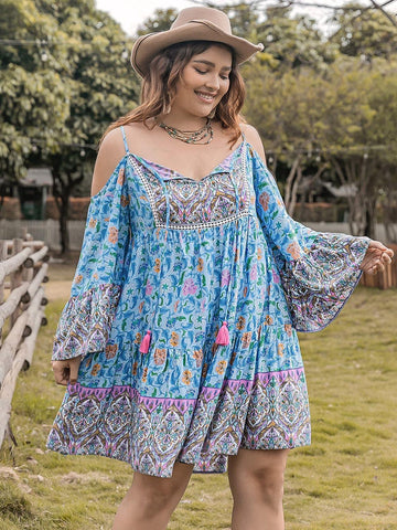 Plus Size Printed Long Sleeve Mini Dress - SwagglyLife Home & Fashion